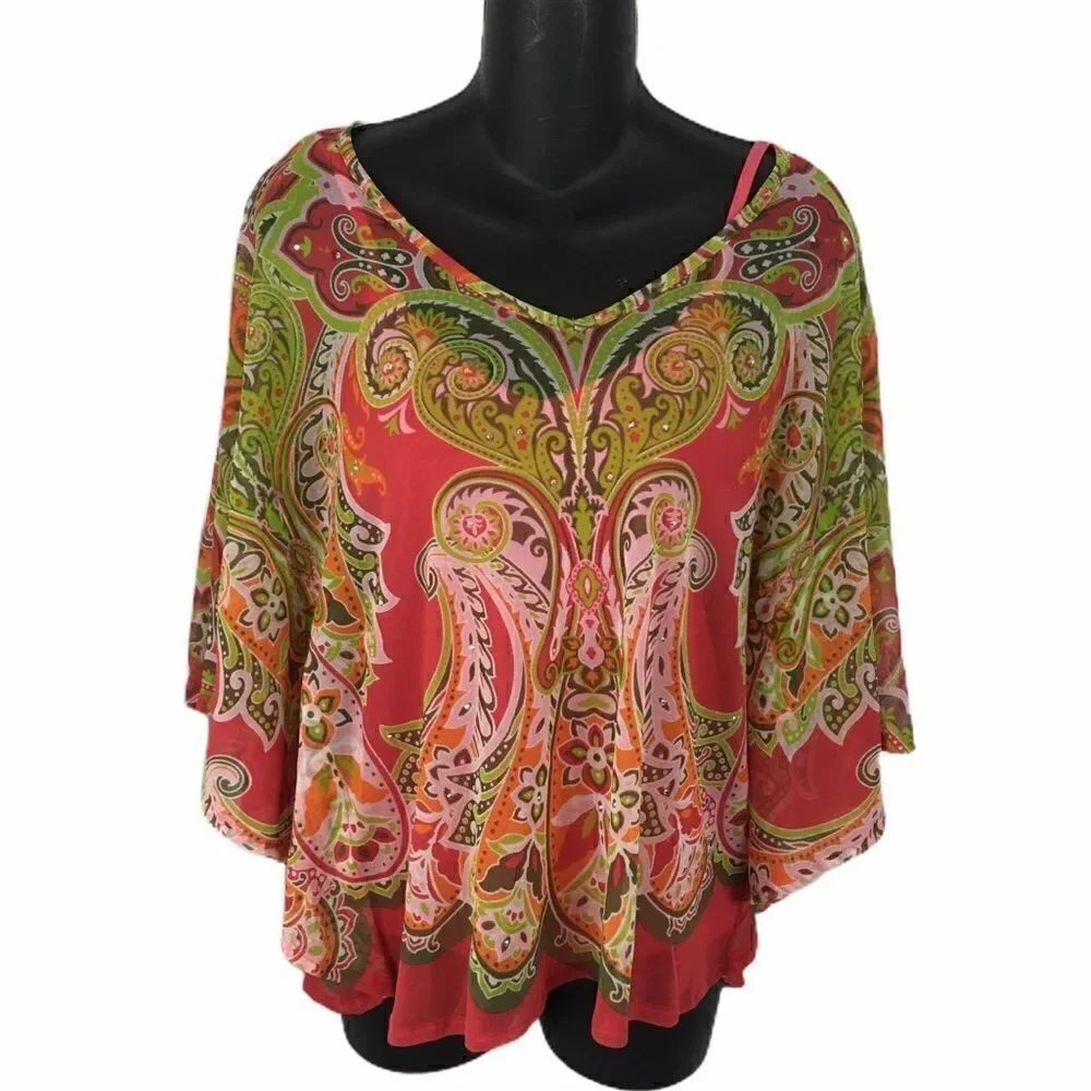 INC sheer nylon bat wing red green top w/ cami S